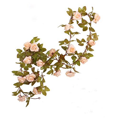 Packung mit 3 Girlanden aus künstlichen Rosenranken mit grünen Blättern, 160 cm, zum Dekorieren zu Hause und bei einer Hochzeit. 17rose-apricot von Li Hua Cat
