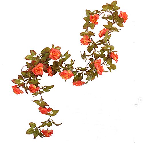 Packung mit 3 Girlanden aus künstlichen Rosenranken mit grünen Blättern, 160 cm, zum Dekorieren zu Hause und bei einer Hochzeit. 17rose-orange von Li Hua Cat