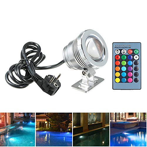 Lixada 10W RGB LED Unterwasserlicht mit Fernbedienung 16 Farben 4 Lichteffekte IP65 Wasserdicht Design für Pool Aquarium Brunnen Halloween Weihnachten Festival Hochzeitsfunktion,Silber von Lixada