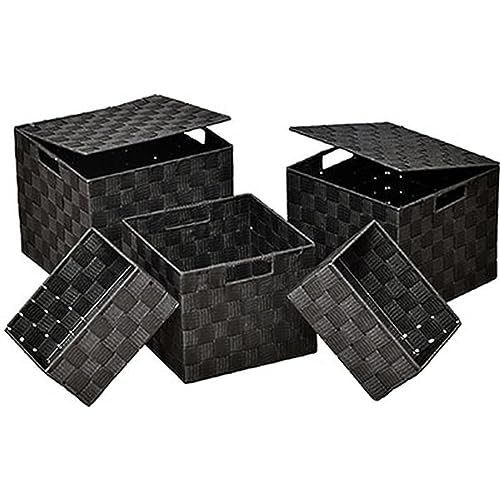 LiKeKa® Aufbewahrungsbox 5-teilig aus Polyester, Aufbewahrungskorb mit Deckel&Tragegriff, Praktische Organizer Boxen Platzsparend&Stapelbar für vielseitige Aufbewahrung (Schwarz) von LiKeKa
