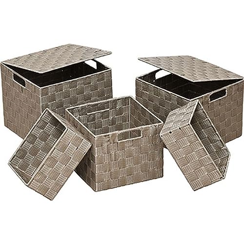 LiKeKa® Aufbewahrungsbox 5-teilig aus Polyester, Aufbewahrungskorb mit Deckel & Tragegriff, Praktische Organizer Boxen Platzsparend & Stapelbar für vielseitige Aufbewahrung (Taupe) von LiKeKa