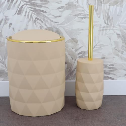 LiKeKa® Badaccessoire-Set 2-teilig – 6L Kosmetikeimer mit Toilettenbürste – Hygienisch & modern - Mülleimer mit Deckel & Edelstahl-Bürste – Elegantes Design für Bad & Gäste-WC (Gold/beige) von LiKeKa