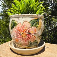 Geschnitzte Blumen Pflanztopf | Blumentopf Handgetöpferte Keramik Pflanzschale Handgemachte 2 Stück Übertopf & Untersetzer Geschnitzte Blumen Pflanztopf | Blumentopf Handgetöpferte Keramik Pflanzschale Handgemachte 2 Stück Übertopf & Untersetzer von LiLoPottery