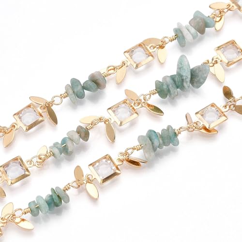 LiQunSweet Handgefertigte Messingglas-Perlenketten mit natürlichem Amazonit-Splitter, goldfarben, unlackiert, für Halsketten, Armbänder, Schmuckherstellung, 5 m von LiQunSweet