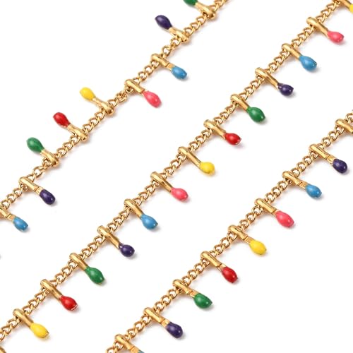 LiQunSweet Panzerketten aus 304 Edelstahl mit bunten Emaille-Anhängern, unlackiert, goldene Halskettenrolle für Schmuckherstellung, Bastelarbeiten, 5 m von LiQunSweet