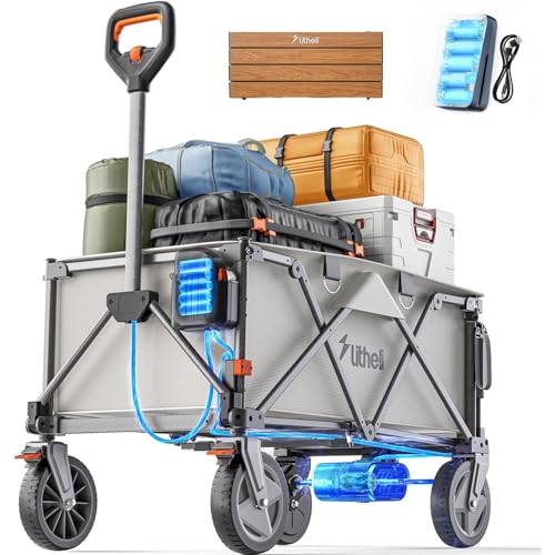 Litheli Elektrokarre Bollerwagen,Bollerwagen Faltbar, mit 20cm Geländereifen, 200L Fassungsvermögen, 60kg Traglast, 2 Bremsen, geeignet für Camping, Garten, Strand, Einkauf (1 Batterien+Tischplatte) von LiTHELi