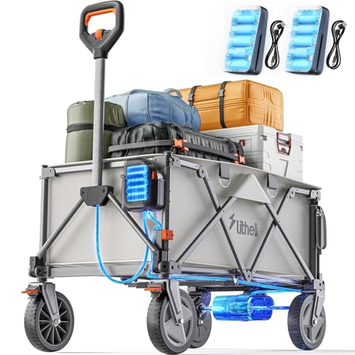 Litheli Elektrokarre Bollerwagen,Bollerwagen Faltbar, mit 20cm Geländereifen, 200L Fassungsvermögen, 60kg Traglast, 2 Bremsen, geeignet für Camping, Garten, Strand, Einkauf Grau (New Batterien) von LiTHELi