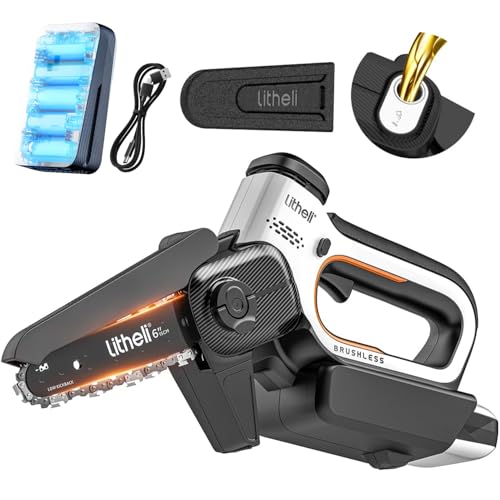 Litheli Mini Kettensäge mit Akku 10.000 mAh, 15 CM Astsäge 20V, Bürstenloser Motor, Automatische Kettenschmierung, Sicherheitsverriegelung, Akku Handkettensäge für Gartenarbeiten und Holzschnitt von LiTHELi