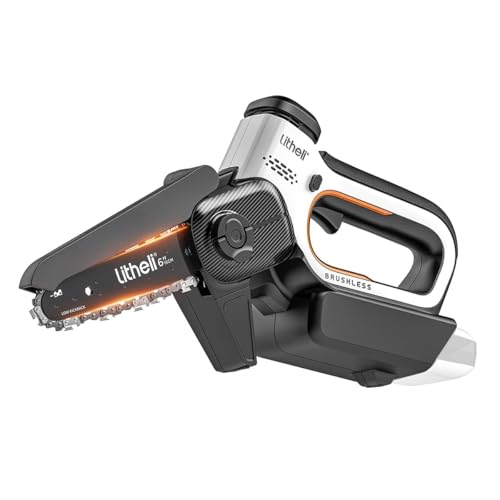 Litheli Mini Kettensäge mit Akku 10.000 mAh, 15 CM Astsäge 20V, Bürstenloser Motor, Automatische Kettenschmierung, Sicherheitsverriegelung, Akku Handkettensäge für Gartenarbeiten (ohne Akku) von LiTHELi