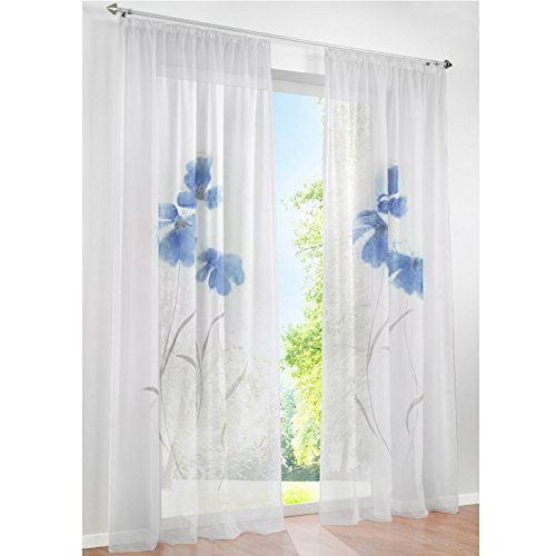 1 Stück Gardine mit Blumen Druck Floral Design Vorhang Transparent Voile Vorhänge (BxH 150x145cm, Blau mit Kräuselband) von LiYa