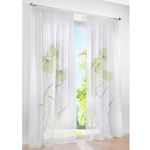 1 Stück Gardine mit Blumen Druck Floral Design Vorhang Transparent Voile Vorhänge (BxH 150x145cm, Grün mit Kräuselband) von LiYa