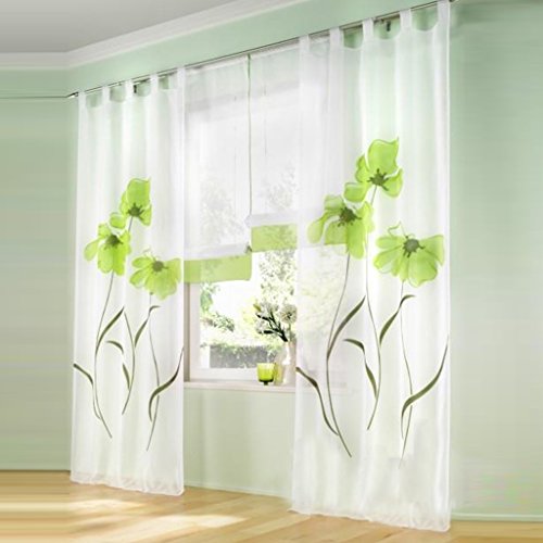 1 Stück Gardine mit Blumen Druck Floral Design Vorhang Transparent Voile Vorhänge (BxH 150x175cm, Grün mit Schlaufen) von LiYa