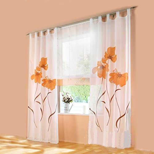 1 Stück Gardine mit Blumen Druck Floral Design Vorhang Transparent Voile Vorhänge (BxH 150x175cm, Orange mit Schlaufen) von LiYa