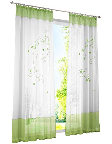 1 Stück Gardine mit Blumen Stickerei Design Vorhang Transparent Voile Vorhänge (BxH 140x175cm, Grün mit Kräuselband) von LiYa