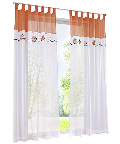 1 Stück Gardine mit Eule Stickerei Design Vorhang Kinderzimmer Transparent Voile Vorhänge (BxH 140x145cm, Orange mit Schlaufen) von LiYa
