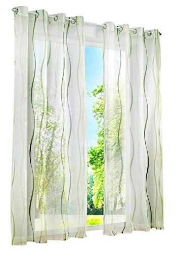 1 Stück Gardinen mit Wellen Muster Design Schals Voile Transparent Fenster Vorhang (BxH 140x175cm, Grün mit Ösen) von LiYa