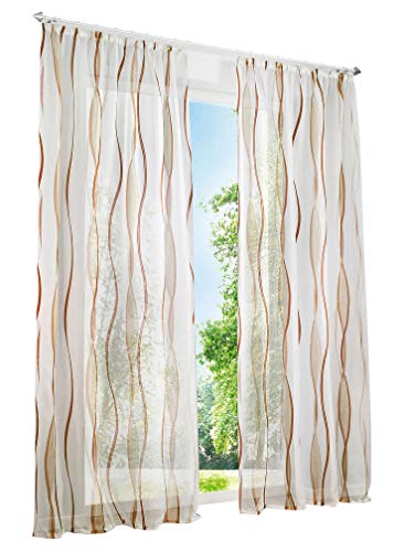 1 Stück Gardinen mit Wellen Muster Design Schals Voile Transparent Fenster Vorhang (BxH 140x175cm, Sand mit Kräuselband) von LiYa