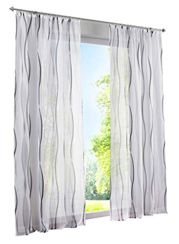 1 Stück Gardinen mit Wellen Muster Design Schals Voile Transparent Fenster Vorhang (BxH 140x225cm, Grau mit Kräuselband) von LiYa