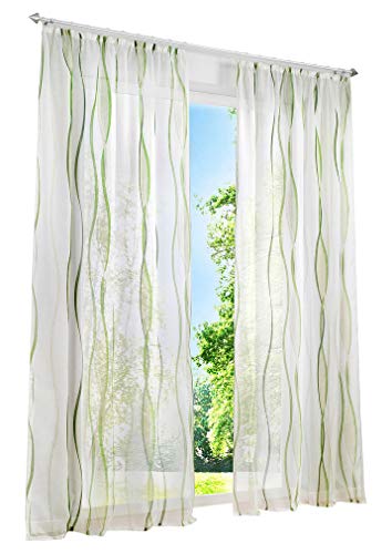 1 Stück Gardinen mit Wellen Muster Design Schals Voile Transparent Fenster Vorhang (BxH 140x245cm, Grün mit Kräuselband) von LiYa