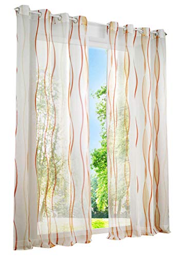 1 Stück Gardinen mit Wellen Muster Design Schals Voile Transparent Fenster Vorhang (BxH 140x245cm, Orange mit Ösen) von LiYa