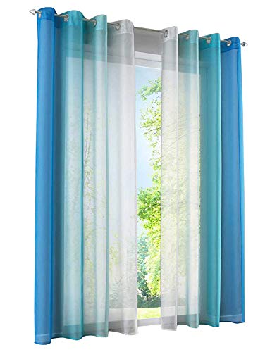 2 Stück Gardinen mit Farbverlauf Design Vorhang Voile Transparent Dekoschal (BxH 140x145cm, Blau mit Ösen) von LiYa