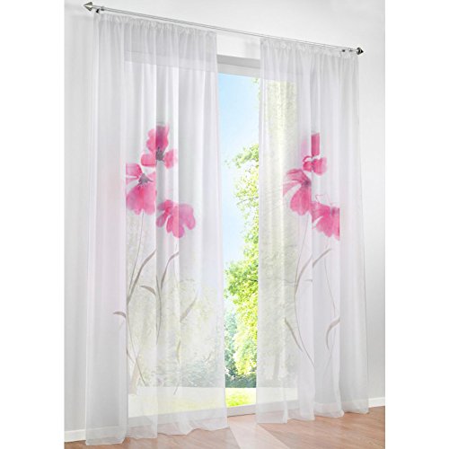 1 Stück Gardine mit Blumen Druck Floral Design Vorhang Transparent Voile Vorhänge (BxH 150x245cm, Pink mit Kräuselband) von LiYa