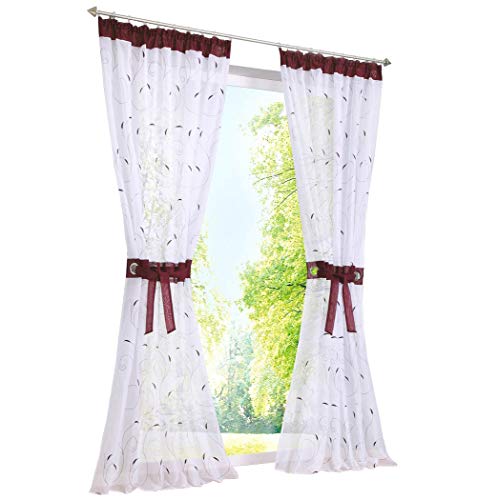 LiYa 1 Stück Gardine mit Stickerei Design Vorhang Transparent Voile Vorhänge (BxH 140x175cm, Beere mit Kräuselband) von LiYa