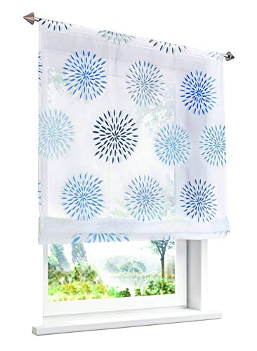 1 Stück Raffrollo mit Kreis-Motiven Floral Design Raffgardine Voile Transparent Vorhang (BxH 100x140cm, Blau mit Tunnelzug) von LiYa