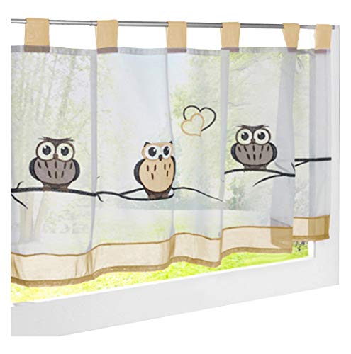 LiYa Bistrogardine Mit Eule Bestickt Voile Transparent Scheibengardine für Küchen Vorhang (HxB 60x145cm, Sand) von LiYa