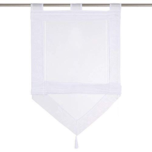Raffrollo mit Quaste Dreieck Raffgardine Voile Transparent Schlaufen Vorhang (BxH 60x140cm, Weiß) von LiYa