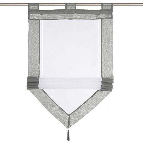 Raffrollo mit Quaste Dreieck Raffgardine Voile Transparent Schlaufen Vorhang (BxH 80x140cm, Grau) von LiYa