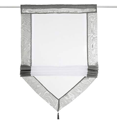 Raffrollo mit Quaste Dreieck Raffgardine Voile Transparent Tunnelzug Vorhang (BxH 80x140cm, Grau) von LiYa