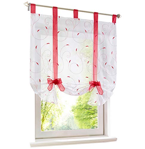 Raffrollo mit Stickerei Band Raffgardinen Voile Transparent Schlaufen Vorhang (BxH 80x140cm, Rot) von LiYa