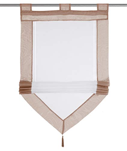 Raffrollo mit Quaste Dreieck Raffgardine Voile Transparent Schlaufen Vorhang (BxH 100x140cm, Sand) von LiYa