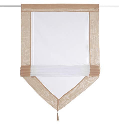 Raffrollo mit Quaste Dreieck Raffgardine Voile Transparent Tunnelzug Vorhang (BxH 100x140cm, Sand) von LiYa