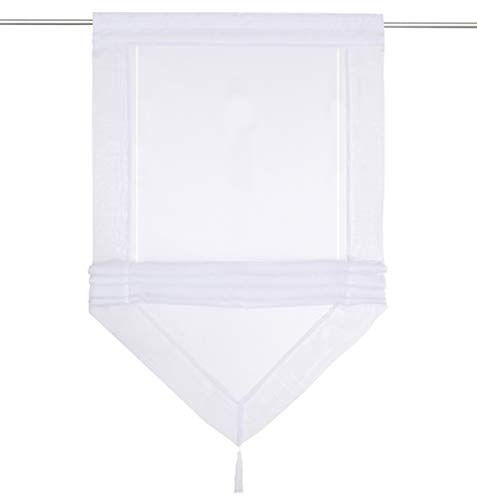 Raffrollo mit Quaste Dreieck Raffgardine Voile Transparent Tunnelzug Vorhang (BxH 100x140cm, Weiß) von LiYa
