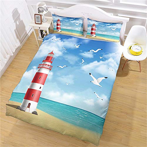 Bettwäsche 155X220 cm mit Weich Atmungsaktiv Frischer Leuchtturm und Meer Bettwäsche Set 3 Teilig 1 Mikrofaser Bettbezug mit Reißverschluss und 2 Kissenbezüge 80 X 80cm cm für Kinder Erwachsene von LiYiAT