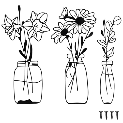 LiYiJiKeJi 3 Stück Metall Wanddeko Schwarz, Blume und Vase Deko Wanddekoration, Metall Wand Deko, Minimalistische Wandkunst Schwarze für Schlafzimmer Wohnzimmer Esszimmer Hängende Deko (Blume Vase) von LiYiJiKeJi