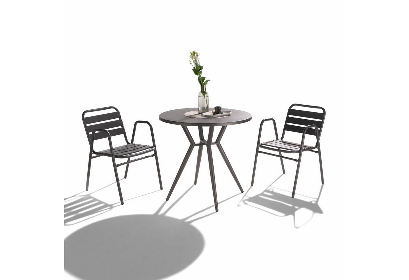 Liadomo Garten-Essgruppe Lesina, (Gartenmöbel-Set, 3-tlg., runder Bistrotisch Ø 80 cm mit 2 Stapelstühlen), Aluminium anthrazit von Liadomo