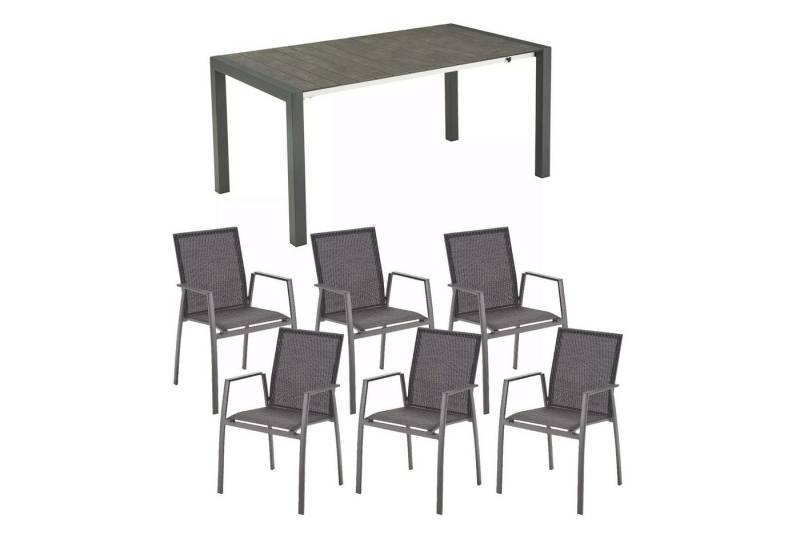 Liadomo Garten-Essgruppe Marano/Pellaro, (Ausziehtisch Edelstahlgestell anthrazit, Stühle Aluminiumgestell anthrazit, 7-tlg., 1 Ausziehtisch, 6 Stapelstühle), 7-teiliges Set, HPL-Tischplatte von Liadomo