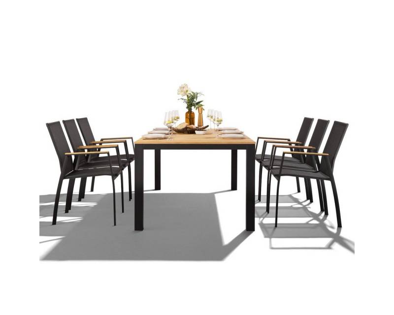Liadomo Garten-Essgruppe Scalea/Pellaro, (Outdoor-Spar-Set, 7-tlg., Tischplatte Teak, Armlehnen Teak), Sechs Stapelstühle, Gartentisch 210x100 cm von Liadomo