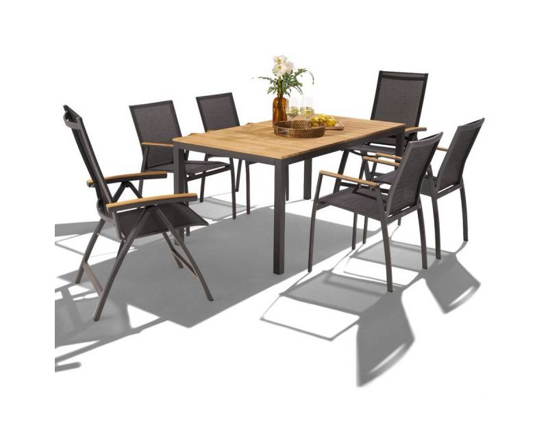 Liadomo Garten-Essgruppe Scalea/Pellaro/Ricadi, (Gartenmöbel-Set, 7-tlg., Teak-Gartentisch mit 4 Stapelstühlen und 2 Klappsesseln), Aluminium mit wetterfestem Textilen von Liadomo