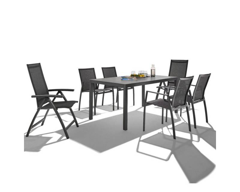 Liadomo Garten-Essgruppe Scalea/Pellaro/Ricadi, (Spar-Set, 7-tlg., Alu anthrazit, Tischplatte Keramik), 1 Tisch, 4 Stapelstühle, 2 Klappsessel von Liadomo