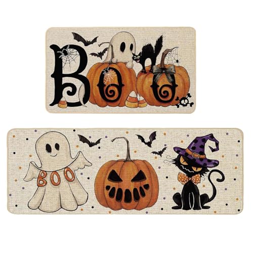 Liakyunf Halloween-Küchenteppiche,Halloween-Küchenmatten - 2X gruselige Schwarze Katzen Küchenbodenteppich - rutschfeste Duschmatte, weiche Badematte für Küche, Terrasse, und Eingang von Liakyunf