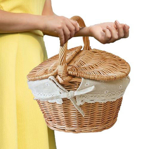 Weidenkorb Mit Henkel Und Deckel, Picknickkorb Leer Mit Deckel Rattan, Handgefertigtes Einkaufskorb Geflochten Wicker Picknick Korb Für Familien, Camping, Organizer von Liakyunf