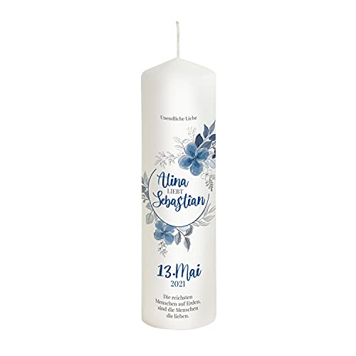 Liamoria® Hochzeitskerze Blume in Blau mit Namen, Datum und Spruch - Modell Alina - Personalisierte Kerze zur Hochzeit (25 x 8 cm) von Liamoria
