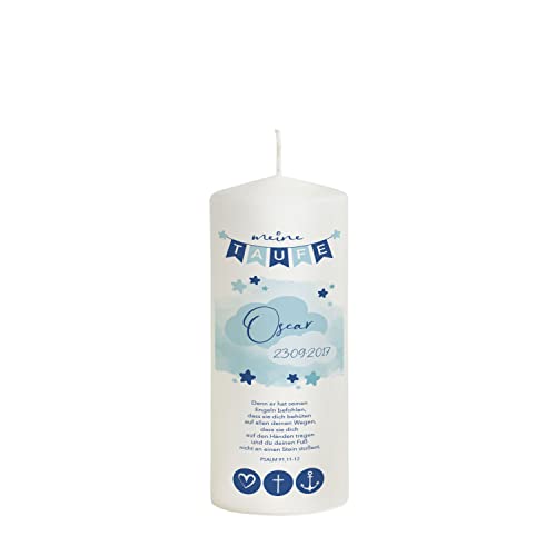 Liamoria® Patenkerze Junge blaue Wolken mit Name. Datum und Spruch 20 cm - Modell Oscar - Hochwertige Kerze zur Taufe von Liamoria