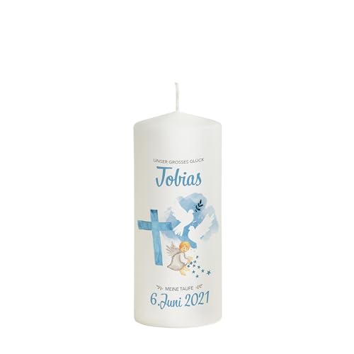 Liamoria® Patenkerze Kreuz in Blau für Jungen - 20 x 8 cm Modell Tobias - Wunderschönes Taufgeschenk von Liamoria