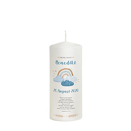 Liamoria® Patenkerze Regenbogen Blau für Jungen mit Name und Datum 20 cm - Modell Benedikt - Einzigartiges Taufgeschenk von Liamoria