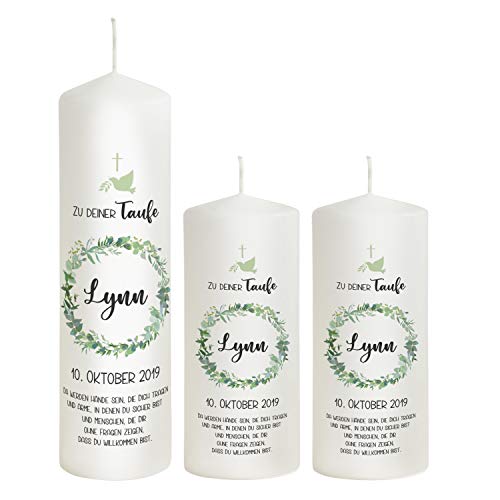 Liamoria® Taufkerze Blätterkranz mit Name und Datum Modell Lynn 25 cm - die perfekte Kerze für Jungen und Mädchen (mit 2 Patenkerzen) von Liamoria